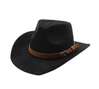 Alaurbeauty Cappello da cowgirl in feltro per uomo e donna, morbido cappello western a tesa larga stile vintage con cintura per feste (nero, taglia unica)