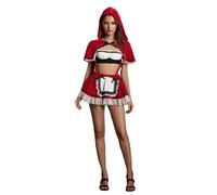 Alaurbeauty Costume di Halloween da donna "Miss Red" con fiocchi, pizzo con volant, top a maniche corte, con reggicalze e mantello con cappuccio, set da 3 pezzi (rosso, L)