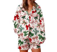 Alaurbeauty Pigiama natalizio da donna, set da 2 pezzi: stampa Y2K, camicia a maniche lunghe con bottoni, pantaloncini a gamba larga e set pigiama in seta, multicolore, M