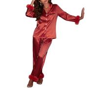 Alaurbeauty Pigiama natalizio in seta da donna, a maniche lunghe, con inserti in piuma e bottoni, set da 2 pezzi, Colore: rosso, S