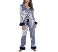 Alaurbeauty Pigiama natalizio in seta da donna, a maniche lunghe, con inserti in piuma e bottoni, set da 2 pezzi, Blu, M