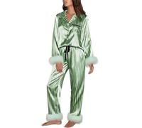 Alaurbeauty Pigiama natalizio in seta da donna, a maniche lunghe, con inserti in piuma e bottoni, set da 2 pezzi, verde, M
