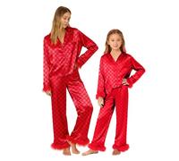 Alaurbeauty Pigiama natalizio per mamma e bambino, in pelliccia verde e piuma, 2 pezzi, pigiama in raso di seta per donna e ragazza, Colore: rosso, L