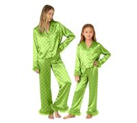 Alaurbeauty Pigiama natalizio per mamma e bambino, in pelliccia verde e piuma, 2 pezzi, pigiama in raso di seta per donna e ragazza, Verde fluorescente, XL