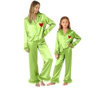 Alaurbeauty Pigiama natalizio per mamma e bambino, in pelliccia verde e piuma, 2 pezzi, pigiama in raso di seta per donna e ragazza, verde, XL