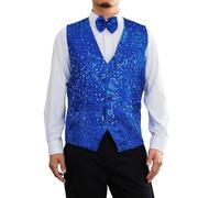 Alaurbeauty Set da uomo con paillettes con giubbotto lucido e papillon per il tempo libero, per festival, discoteca, feste e balli di fine anno, Blu, L