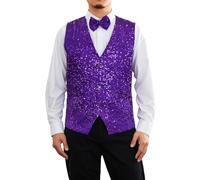 Alaurbeauty Set da uomo con paillettes con giubbotto lucido e papillon per il tempo libero, per festival, discoteca, feste e balli di fine anno, Lilla, S