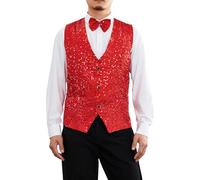Alaurbeauty Set da uomo con paillettes con giubbotto lucido e papillon per il tempo libero, per festival, discoteca, feste e balli di fine anno, Colore: rosso, M