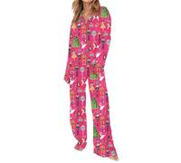 Alaurbeauty Set pigiama natalizio da donna in seta satinata con fiocco e stampa Babbo Natale - Simpatico pigiama per Natale e festività, Colore: rosa., M