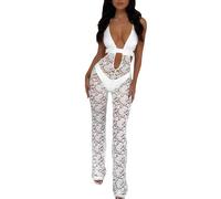 Alaurbeauty Tuta da donna con allacciatura al collo con gamba svasata, casual, estiva, in pizzo trasparente, senza schiena, per clubwear, streetwear, bianco, S