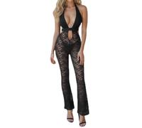 Alaurbeauty Tuta da donna con allacciatura al collo con gamba svasata, casual, estiva, in pizzo trasparente, senza schiena, per clubwear, streetwear, Nero , M