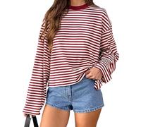 Alaurbeauty Y2k Maglietta da donna a maniche lunghe con scollo a barchetta, a righe, svasata, con spalle scoperte, stile grunge, pullover, top, streetwear, Colore: rosso, XL