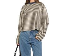 Alaurbeauty Y2k Maglietta da donna a maniche lunghe con scollo a V, a righe, sagomata, a spalla larga, in stile grunge, con cappuccio, top da streetwear, beige., L