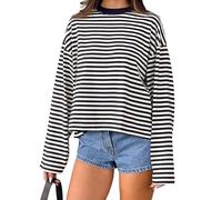 Alaurbeauty Y2k Maglietta da donna a maniche lunghe con scollo a V, a righe, sagomata, con spalle scoperte, in stile grunge, pullover, top, streetwear, blu navy, L