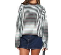 Alaurbeauty Y2k Maglietta da donna a maniche lunghe con scollo a V, a righe, sagomata, con spalle scoperte, in stile grunge, pullover, top, streetwear, marrone, XL