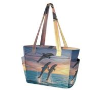 ALAZA - Borsa tote trapuntata da donna con cerniera, delfini che saltano sull'oceano, borsa a mano con scomparti, borsa a tracolla leggera da donna, per viaggi, tutti i giorni, palestra