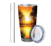 Alba con coperchio bicchiere Paesaggio Foresta Albero Cielo Nube Fiume Lago Natura Paesaggio Pianta arancione verde Isolato Metallo Can Cooler No Spill Scuola college vivaio Senza stelo Doppia parete