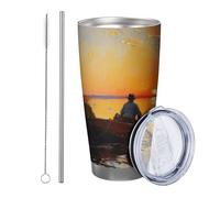 Alba con coperchio e bicchiere di paglia Pittura a olio Persone Artistico Bellissimo Albero Barca Lago arancione grigio Acciaio Metallo Caldo e Freddo No Spill Ufficio Outdoor Club Dormitorio Caffè