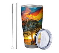 Alba con coperchio e cannuccia, albero della vita, erba, paesaggio naturale, bella nuvola, cielo, sole, blu, arancione, verde, metallo inossidabile, caldo e freddo, senza fuoriuscite, per