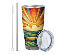 Alba con coperchio e cannuccia bicchiere Astratto Boemia Fattoria Natura Botanico Grafico Arcobaleno verde arancione Isolato Can Cooler No Spill Yard Outdoor Picnic palestra Tazza da caffè 20 once