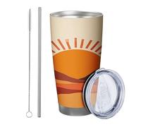 Alba con coperchio e cannuccia bicchiere Boemia Astratto Montagna Paesaggio Sole Estetica Artistico arancione marrone Isolato Can Cooler No Spill Yard Outdoor Picnic palestra Tazza da caffè 20 once