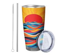 Alba con coperchio e cannuccia bicchiere Onde Mare Oceano Boemia Sole Astratto Estetica Artistica rosso arancione blu Isolato Can Cooler No Spill Yard Outdoor Picnic palestra Tazza da caffè 590 ml