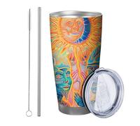 Alba con coperchio e cannuccia - Boemia botanica artistica spaventosa, motivo astratto, motivo sole, blu e arancione, verniciato a polvere, infrangibile, per ufficio o esterno