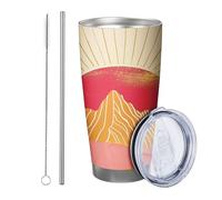 Alba con coperchio e cannuccia, motivo linee di montagna, motivo astratto artistico bohémien giallo rosa, in metallo inox caldo e freddo, senza fuoriuscite, per ufficio, esterno, club