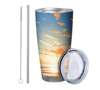 Alba con coperchio e cannuccia - paesaggio naturale - Uccello - Mare - Oceano - Nuvola - Cielo - Bella primavera - Blu e arancio - Metallo inossidabile - Caldo e freddo - Nessuna fuoriuscita