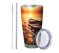Alba con coperchio, paesaggio naturale, lago, barca di montagna, pianta botanica, fiori botanici, foglie, arancio, verde, rosa, isolato, in metallo, senza fuoriuscite, per