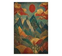 Alba della valle di montagna Puzzle 1000 Pezzi in Legno, Rompicapo | Paesaggio popolare, Sole Rosso, Incisione giapponese su xilografia, Ukiyo-e, Struttura in Legno, Rompicapo, Gioco Familiare