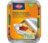 Albal Alluminio 22x17x3,5 Centimetri con Coperchio | Monouso | Cuocere, Congelare e Conservazione degli Alimenti | 2-4 Porzioni | 3 Stampi, Argento, 22x17 cm (Paquete de 1), 3 unità