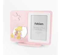 Albalù Portafoto Bomboniera in Legno 14x17,5 cm con Applicazione Orso Cuscino Rosa Nascita e Battesimo Ideale Come Idea Regalo