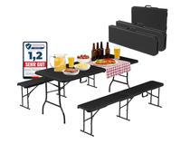Albatros - Set per tende da birra, 3 pezzi, tavolo e 2 panche pieghevoli, effetto rattan, resistente alle intemperie, 10 persone, 182 cm, portata fino a 500 kg, colore: Nero