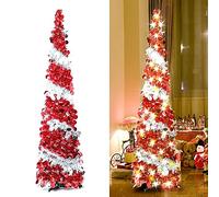 Alberi di Natale artificiali pieghevoli con luci, 1,5 m, albero di Natale con decorazioni luccicanti, albero di Natale con supporto, colore: rosso e bianco