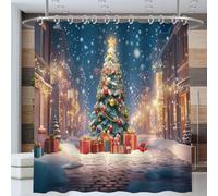 Alberi Di Natale Sulle Strade Della Città Tenda Da Bagno, Paesaggio Notturno Invernale Tenda Doccia Impermeabile, Lavabile Tende per Vasca Da Bagno 180*200cm per Dormitorio Famiglia Hotel, Blu Scuro