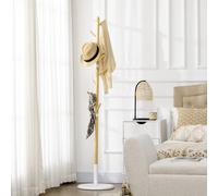 Albero Appendiabiti a 8 Ganci con Base Rotonda in Bambù, Legno e Metallo, Ø37,8x175,6 cm, color Legno e Bianco