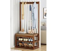 Albero da ingresso industriale in bambù con panca e scarpiera a 2 livelli, appendiabiti da ingresso con 10 ganci (70 x 29 x 168 cm) - soluzione elegante per la casa