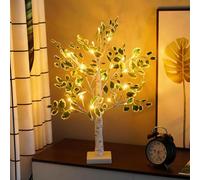 Albero da tavolo in betulla bianca, albero di Natale illuminato con foglie verdi artificiali e 24 LED bianchi caldi per camino, camera da letto, casa, feste, matrimoni, decorazioni natalizie, mini