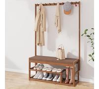 Albero di bambù 3 in 1 con scarpiera, appendiabiti stretto in legno, con ganci e doppio ripiano portaoggetti, elegante design marrone per corridoi