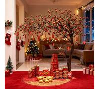 Albero di melograno artificiale, fatto a mano, decorazione realistica con recinzione, prato, base in ferro robusto e rami in legno massiccio per centro commerciale