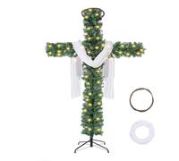 Albero di Natale a croce, 5/6 piedi artificiale pieghevole, alberi di Natale in pino preilluminati con luce LED e anello in legno di rattan con sciarpa di seta(5ft)