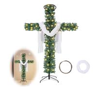 Albero di Natale a croce, 5/6 piedi artificiale pieghevole, alberi di Natale in pino preilluminati con luce LED e anello in legno di rattan con sciarpa di seta(6ft)