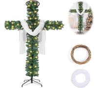 Albero di Natale a forma di croce con luce, albero di Natale artificiale pieghevole con luci a LED, corona di Cristo in rattan e sciarpa di seta rossa, albero a croce religiosa per interni ed esterni