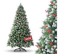 Albero di Natale Artificiale,180cm Albero Artificiale in PVC con Pigne Artificiali、Effetto Fiocco di Neve、Bacche Rosse,Effetto Realistico,Montaggio Facile,Base in Metallo,Decorazioni Natalizie