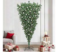 Albero di Natale artificiale capovolto, 180 cm, in PVC verde, con 300 luci LED, set di palline, supporto in metallo per interni, decorazione festiva