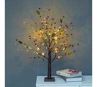 Albero di Natale artificiale con fiori di bacche rosse con luci, lampada natalizia scintillante da 53,3 cm, lampada da tavolo per bonsai da tavolo, decorazione da tavolo per Natale e Ringraziamento