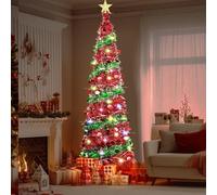 Albero di Natale artificiale con illuminazione, 1,5 m, pieghevole, albero di Natale artificiale con supporto, include 5 metri di catena luminosa e stella superiore, decorazione natalizia per casa