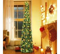 Albero di Natale artificiale da 150 cm con illuminazione a 50 LED caldo, montaggio rapido, pieghevole e rimovibile, albero di Natale in stile frutti rossi per decorazioni natalizie (E)