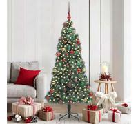 Albero di Natale artificiale pre-illuminato, 180 cm, sottile, con striscia LED, bianco caldo, set di palline, PET/metallo, per interni ed esterni